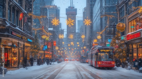 Snowy City Street Christmas Lights Tram