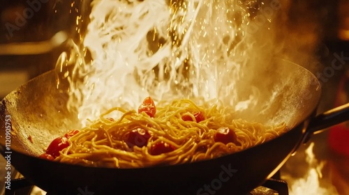 Dynamic Stir-Fried Noodles with Burst of Flame photo