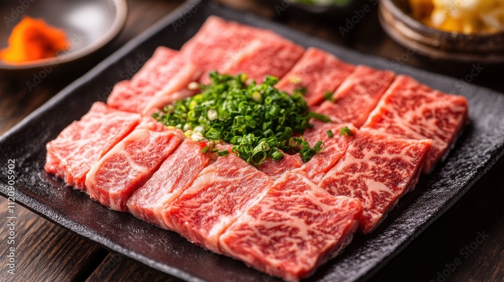 Juicy beef steak slices arranged on a sleek black plate, complemented by vibrant herbs, veggies, and rich sauce. Juicy beef steak slices arranged on a sleek black plate, complemented by vibrant herbs, veggies, and rich sauce.