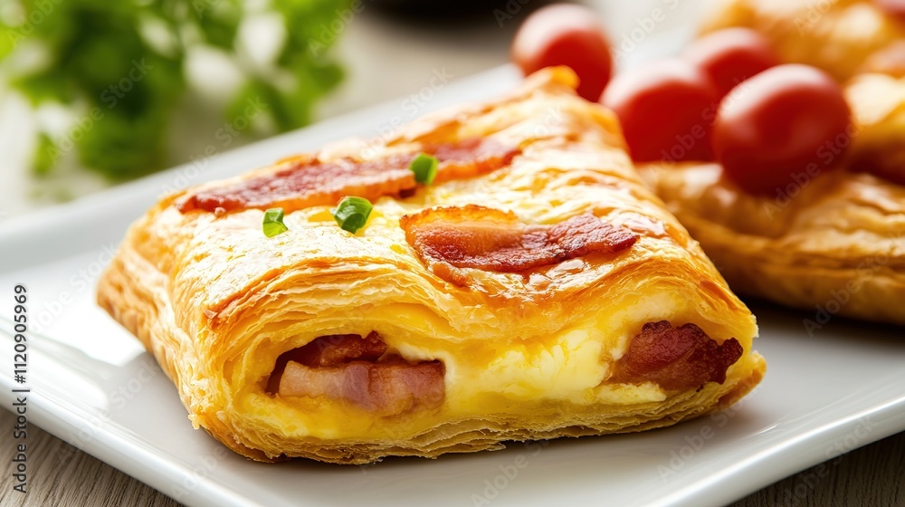 Crispy Puff Pastry Breakfast with Egg, Bacon, and Melted Cheese on White Background, Perfect for Morning Meals Crispy Puff Pastry Breakfast with Egg, Bacon, and Melted Cheese on White Background, Perfect for Morning Meals