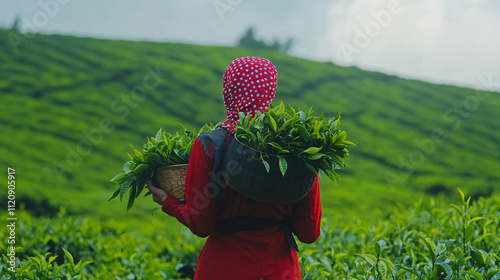 A tea farmer is picking fresh green leaves from the highlands, surrounded by lush, verdant fields.

 photo
