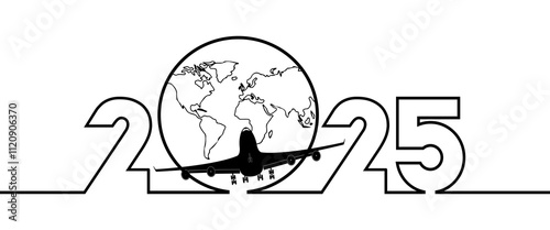 2025, new year, elegant vector illustration, number 2025 logo. The plane takes off in the new 2025