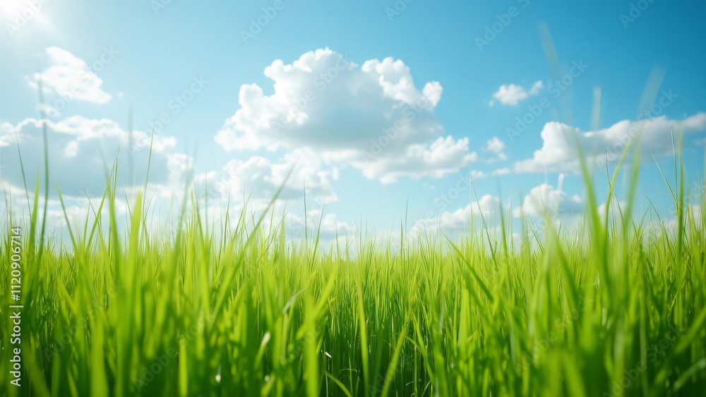 Stunning Wide Shot of Lush Green Grass Meadow Under a Bright Sunny Summer Sky with Fluffy White Clouds - Perfect for Nature Backgrounds and Copy Space Stunning Wide Shot of Lush Green Grass Meadow Under a Bright Sunny Summer Sky with Fluffy White Clouds - Perfect for Nature Backgrounds and Copy Space