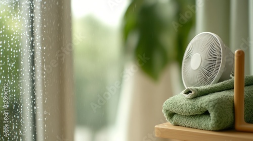 A serene indoor scene featuring a fan beside neatly folded green towels, with raindrops on a window and soft natural light.