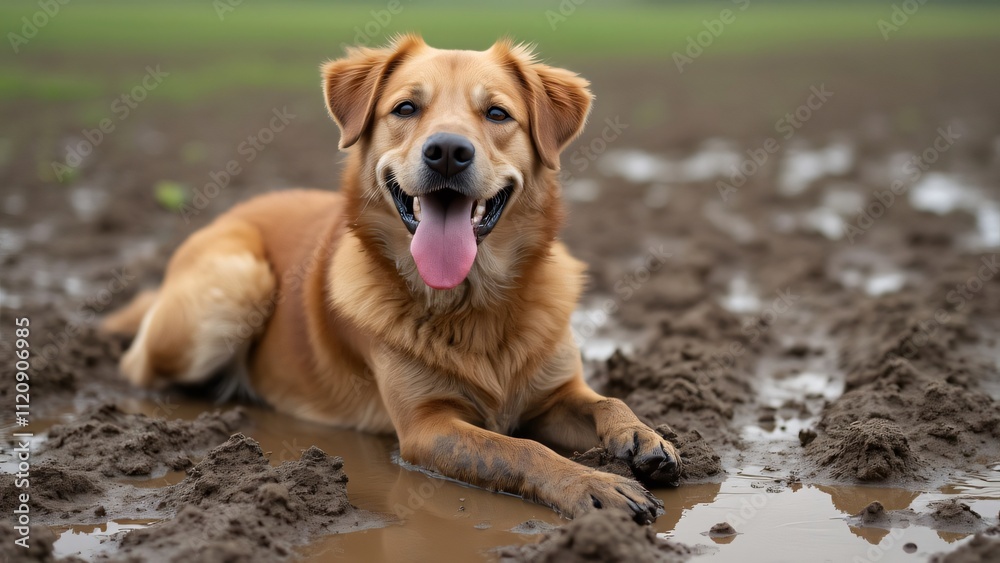 Happy Golden Dog Playing in Muddy Field, Adorable Canine in Puddle Happy Golden Dog Playing in Muddy Field, Adorable Canine in Puddle