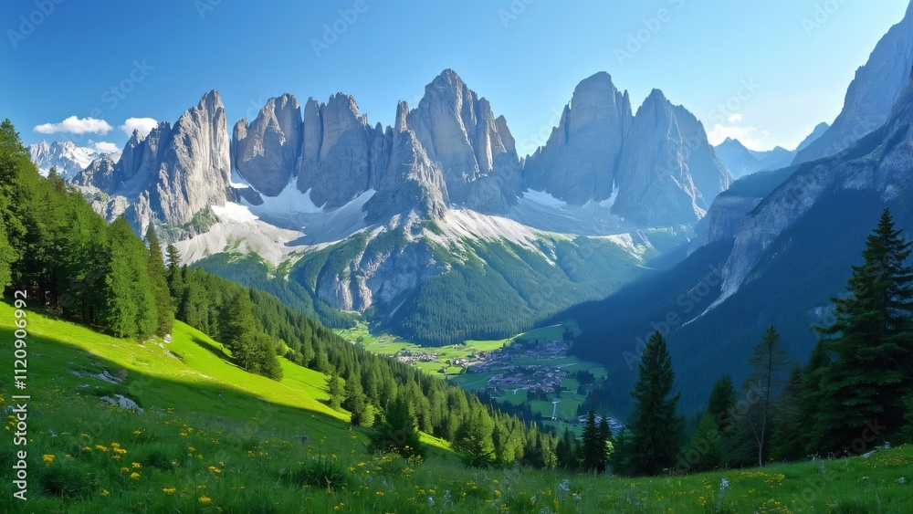 Majestic Austrian Alps, Breathtaking Panoramic View of Towering Peaks and Lush Green Valley
