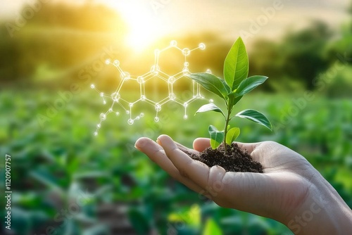 Hand holding small plant seedling with carbon structure in a green nature landscape under sunlight