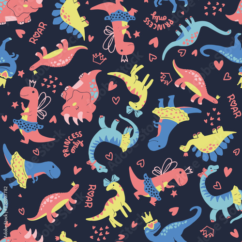 funny cartoon dino Dinosaurus illustration kiddish children wallpaper background seamless pattern for textile, fabric, clothing print vector graphic artwork