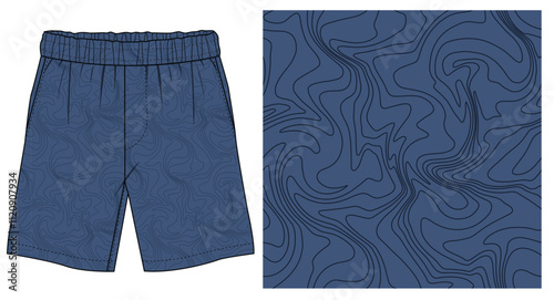 chaotic abstract wavy lines seamless pattern all over print with men's shorts fashion flat sketch vector graphic artwork to use fashion, clothing, textile