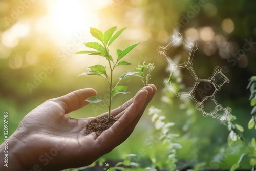 Hand holding young plant with AI6789 structure against green background with sunlight in [Artist name] style