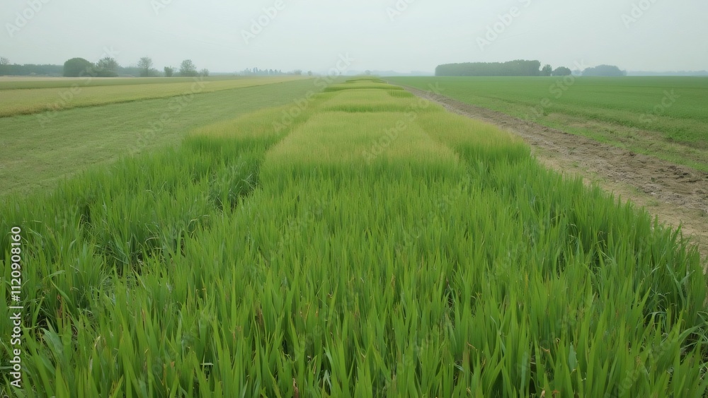 Obraz premium Overcast Day, Lush Green Field with Mowed Patches, Dirt Road and Barren Fields Background