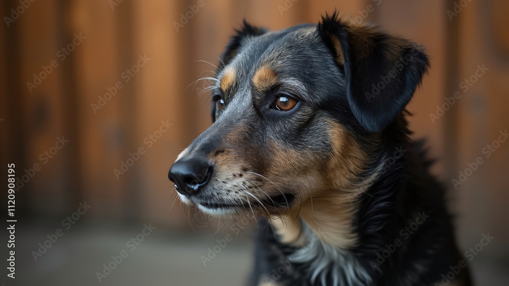 Close-up Portrait of a Senior Mixed Breed Dog with Black and Brown Fur, Looking to the Side Against a Blurred Wooden Background Close-up Portrait of a Senior Mixed Breed Dog with Black and Brown Fur, Looking to the Side Against a Blurred Wooden Background