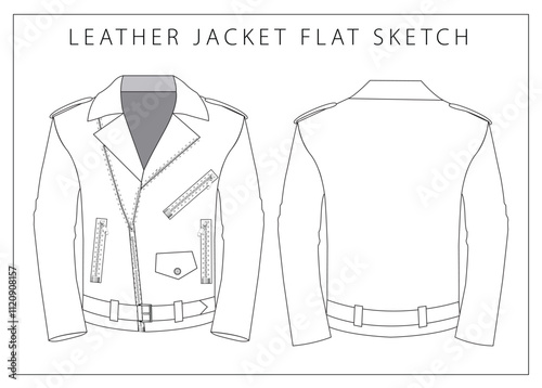 leather jacket flat sketch fashion cad illustration vector, technical drawing, template, men jacket, biker jacket