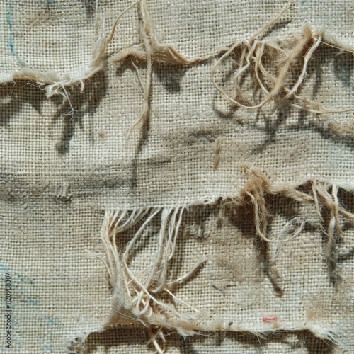 Close-up view of tattered cloth with frayed edges, loose threads, and holes, showcasing a weathered and distressed texture.