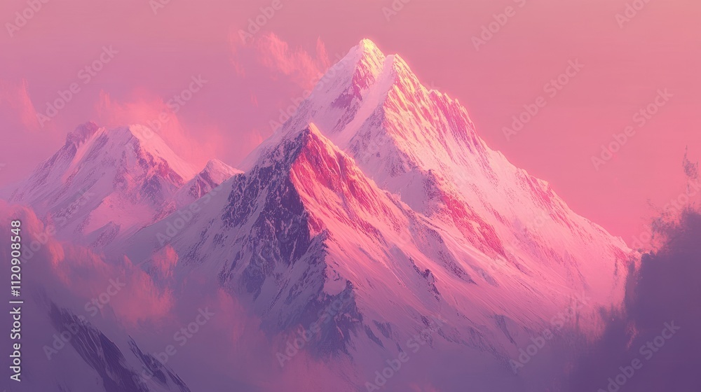 Majestic snow-capped mountain bathed in soft pink light at dawn. Majestic snow-capped mountain bathed in soft pink light at dawn.