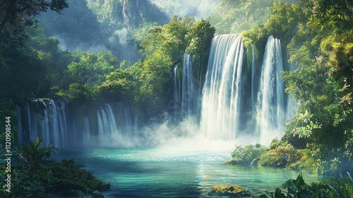 A serene waterfall cascading into a tranquil pool surrounded by lush greenery.