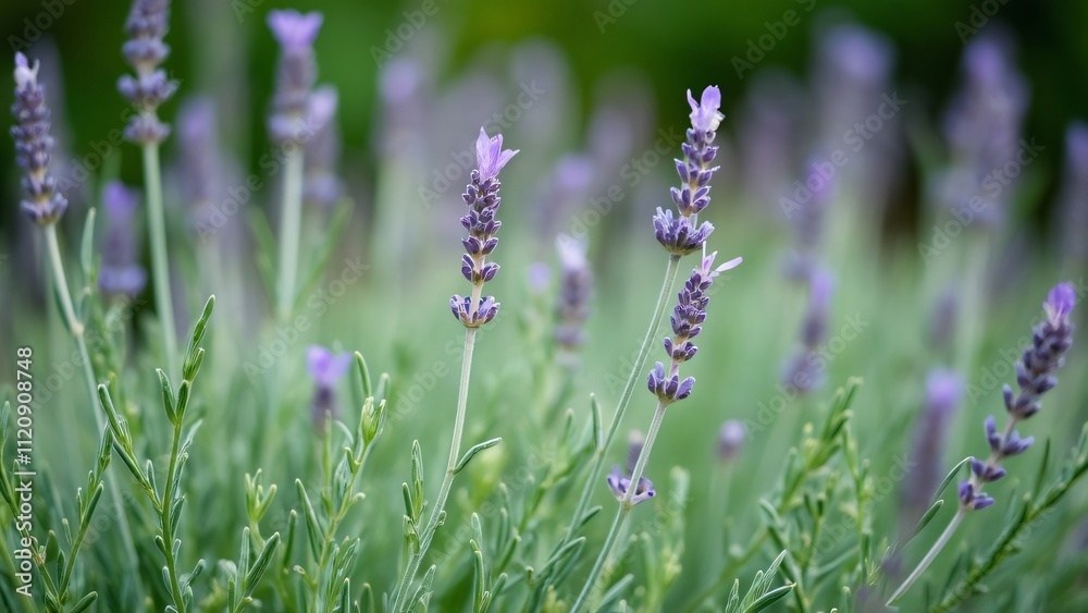Fototapeta premium Close-up of Delicate Lavender Angustifolia Flowers and Slender Leaves, Blurred Green Background, Detailed Macro Shot