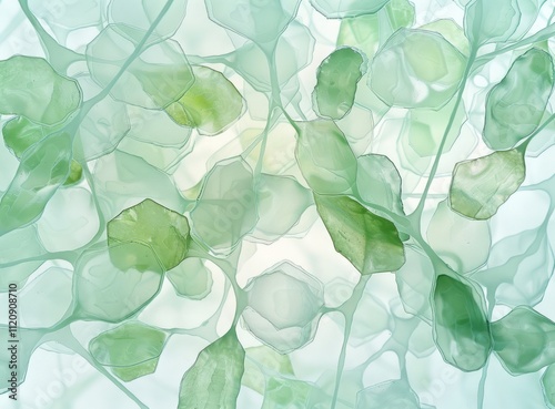 Close-up, photo-realistic view of plant cells under a microscope, with hexagonal shapes, chloroplasts, and subtle greenish hues.