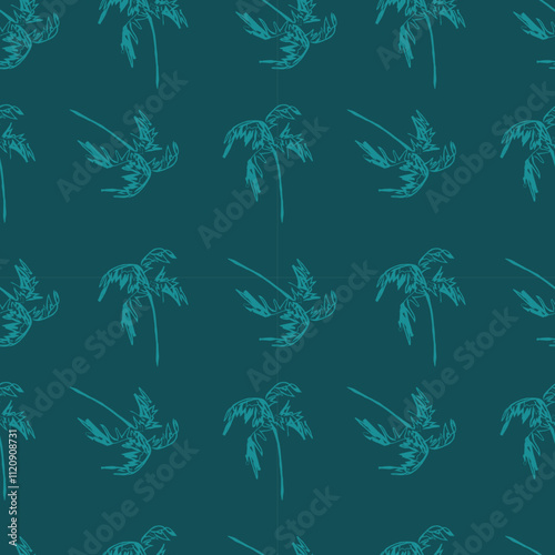 hand drawn summer palm tree coconut tree monochrome line art illustration wallpaper, seamless pattern, repeat print, textile, fabric, vector artwork
