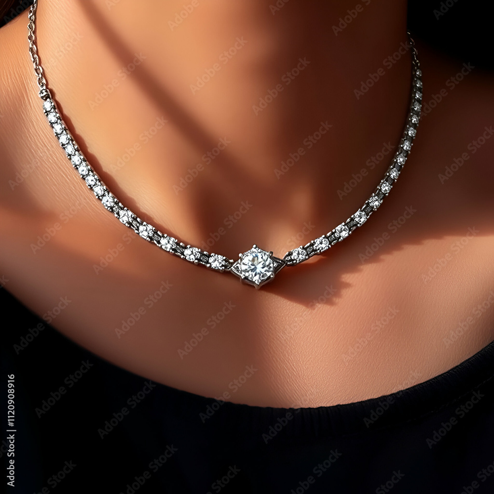 Diamond necklace on woman neck at jewelry store Diamond necklace on woman neck at jewelry store