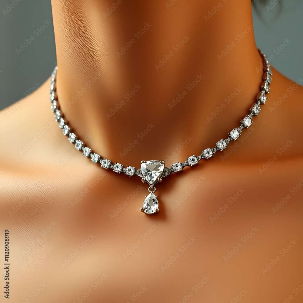 Diamond necklace on woman neck at jewelry store Diamond necklace on woman neck at jewelry store
