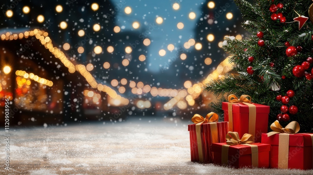 A festive scene featuring a decorated Christmas tree and colorful presents, set against a snowy backdrop with twinkling lights. A festive scene featuring a decorated Christmas tree and colorful presents, set against a snowy backdrop with twinkling lights.