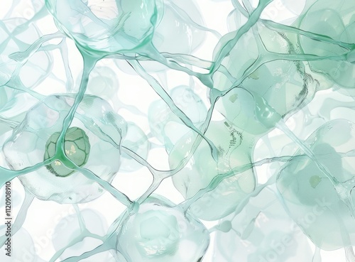 Close-up, photo-realistic view of plant cells under a microscope, with hexagonal shapes, chloroplasts, and subtle greenish hues.