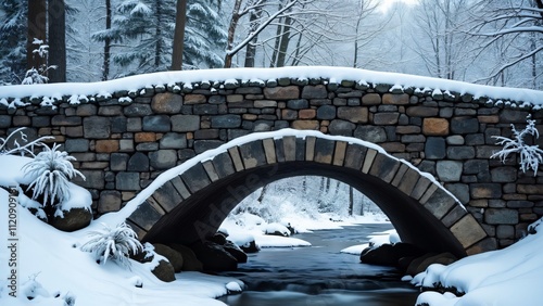 Snow Covered Stone Arch Bridge in Winter Forest Scene, Idyllic Winter Wonderland Landscape Photography