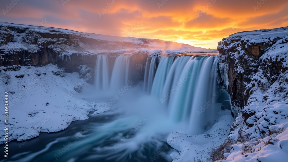 Fototapeta premium Majestic Goðafoss Waterfall in Winter, Icelandic Golden Hour Landscape Photography