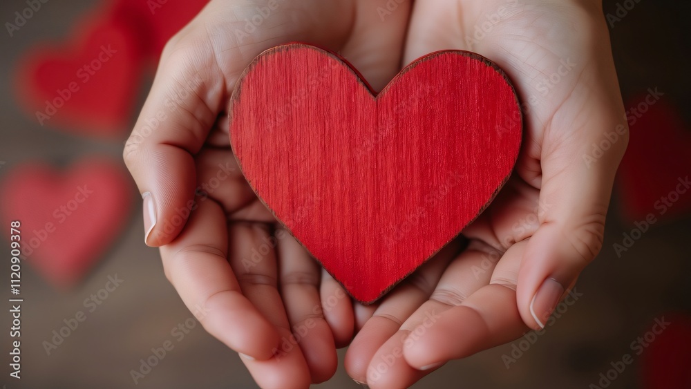 Close-up of Hands Gently Holding a Red Wooden Heart, Valentine's Day Symbol of Love and Affection. High-Resolution Photo, Perfect for Romantic Designs and Valentine's Day Greetings. Close-up of Hands Gently Holding a Red Wooden Heart, Valentine's Day Symbol of Love and Affection. High-Resolution Photo, Perfect for Romantic Designs and Valentine's Day Greetings.