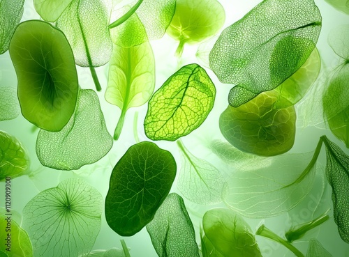 Photorealistic close-up of plant cells with vibrant green cell walls, chloroplasts, and intricate patterns, ideal for scientific or artistic use.