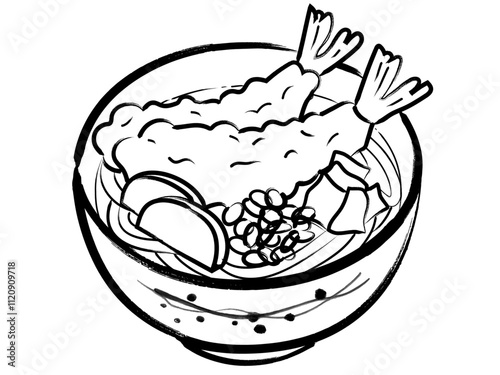 海老天うどん筆書きベクターイラスト