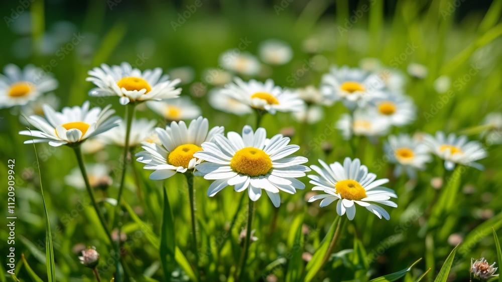 Vibrant White Daisies Blooming in Sunny Meadow, Lush Green Grass, Yellow Centers, Enchanting Spring Scene Vibrant White Daisies Blooming in Sunny Meadow, Lush Green Grass, Yellow Centers, Enchanting Spring Scene