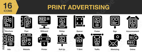 Print Advertising solid icon set. Includes print, design, advertising, business, poster, brochure, and More. Solid icons vector collection.