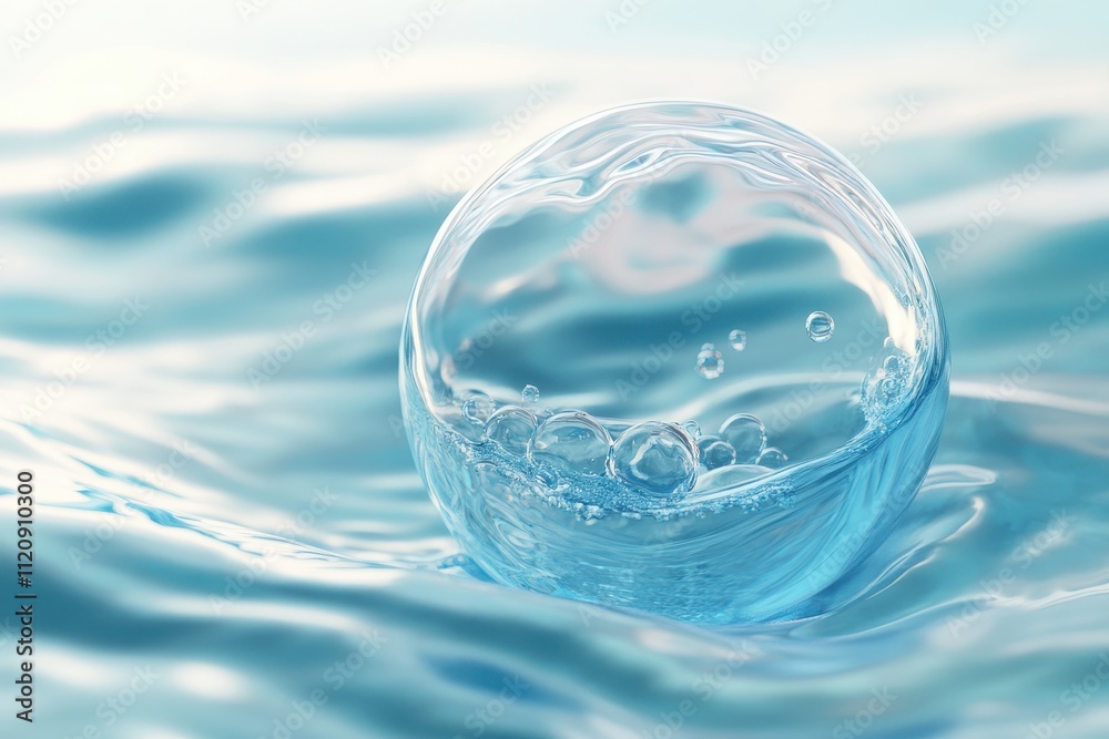 Crystal-clear water sphere with bubbles floats on a calm, blue surface. Ideal for purity, freshness, or skincare concepts. Crystal-clear water sphere with bubbles floats on a calm, blue surface. Ideal for purity, freshness, or skincare concepts.