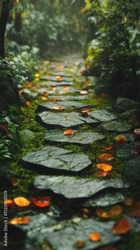 A serene stone path adorned with autumn leaves and lush greenery.