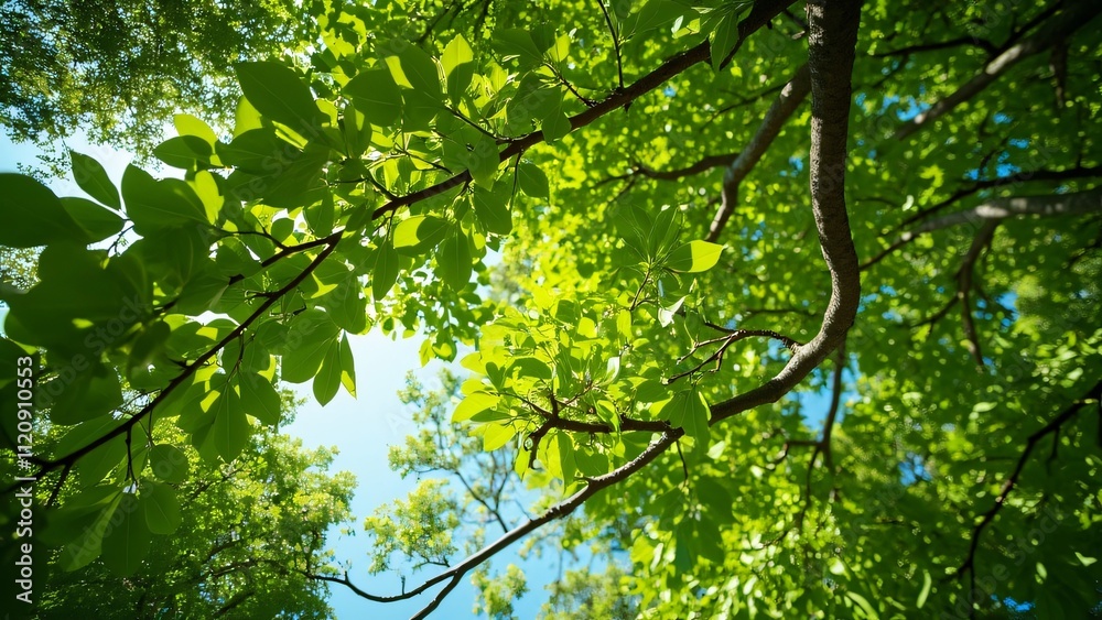 Lush Green Acacia Tree Canopy, Sunlight Through Leaves, Wide Angle View Lush Green Acacia Tree Canopy, Sunlight Through Leaves, Wide Angle View