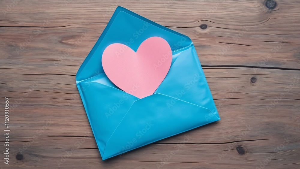 Romantic Valentine's Day Concept, Blue Envelope with Pink Heart on Rustic Wooden Background - Top View Stock Photo Romantic Valentine's Day Concept, Blue Envelope with Pink Heart on Rustic Wooden Background - Top View Stock Photo