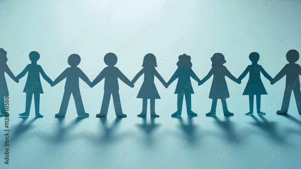 Interconnected Paper Chain People, Unity, Support, Social Projects - Blue Gradient Background Interconnected Paper Chain People, Unity, Support, Social Projects - Blue Gradient Background
