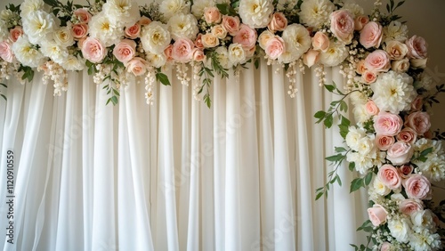 Elegant Wedding Backdrop, White & Pink Floral Arch with Draped Curtains