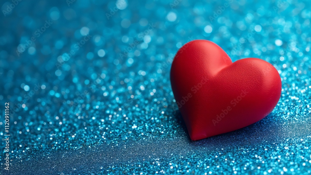 Romantic Red Heart on Blue Glittery Background, Valentine's and Mother's Day Greeting Card Design Romantic Red Heart on Blue Glittery Background, Valentine's and Mother's Day Greeting Card Design