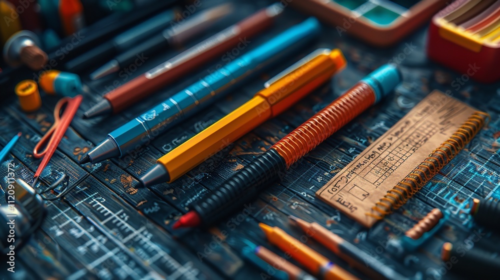 Stationery for school or office. Various writing instrument on a black table, Ai Generative.