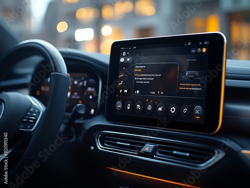 Child Safety Monitoring System A screen embedded in a car showing live video feeds from backseat cameras and realtime alerts for seatbelt usage, soft glowing accents photo