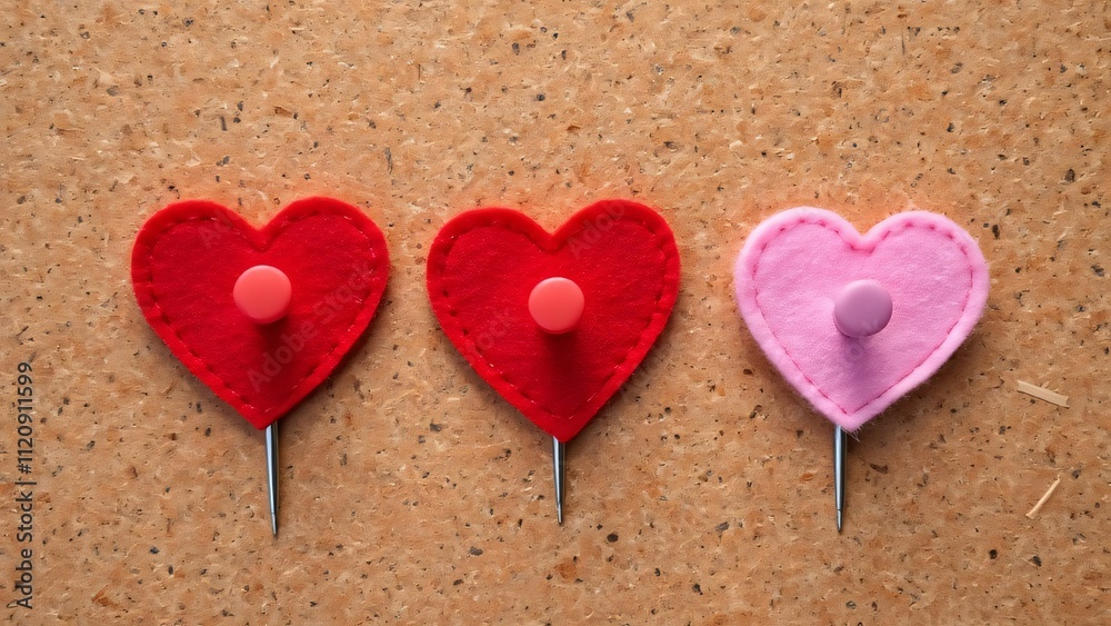 Fototapeta premium Three Felt Heart Push Pins on Corkboard - Romantic Valentine's Decor, Space for Text