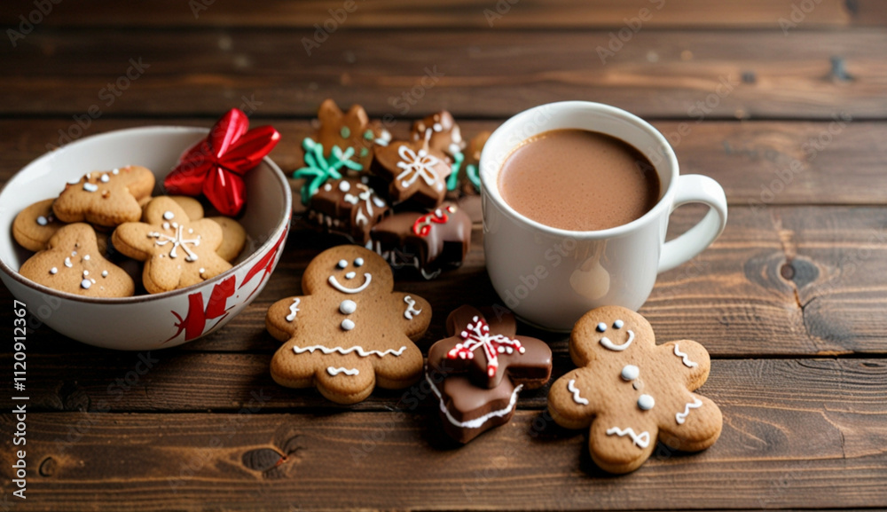 Fototapeta premium Wooden background decorated with hot cocoa and cookies Generative AI