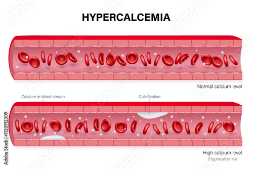 Hypercalcemia vector. Comparison between Normal calcium level and High calcium level. Calcium in blood vessel.