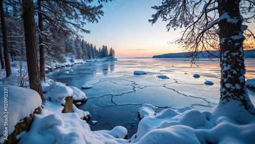 Serene Sunset at Suljelo Lake, Sweden, Winter Wonderland with Cracked Ice