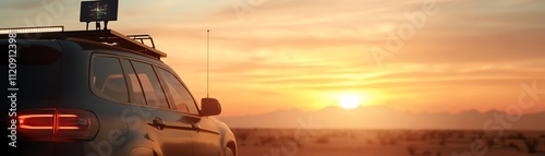 GPSSatellite Antenna on a Car Roof A vehiclemounted GPS antenna in a remote desert environment, sandstorm in the background, hyperrealistic details photo