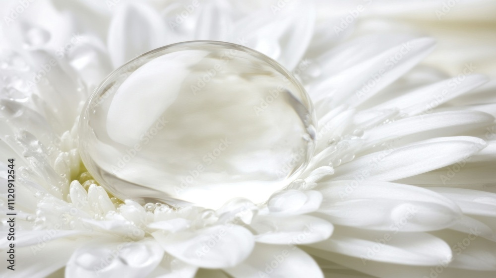 A close-up of a water droplet resting on a white flower petal. A close-up of a water droplet resting on a white flower petal.