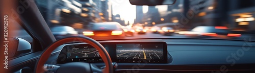 HUD Display for Windshield A headsup display on a car windshield showing navigation directions, speed, and weather conditions, integrated seamlessly into a cityscape view